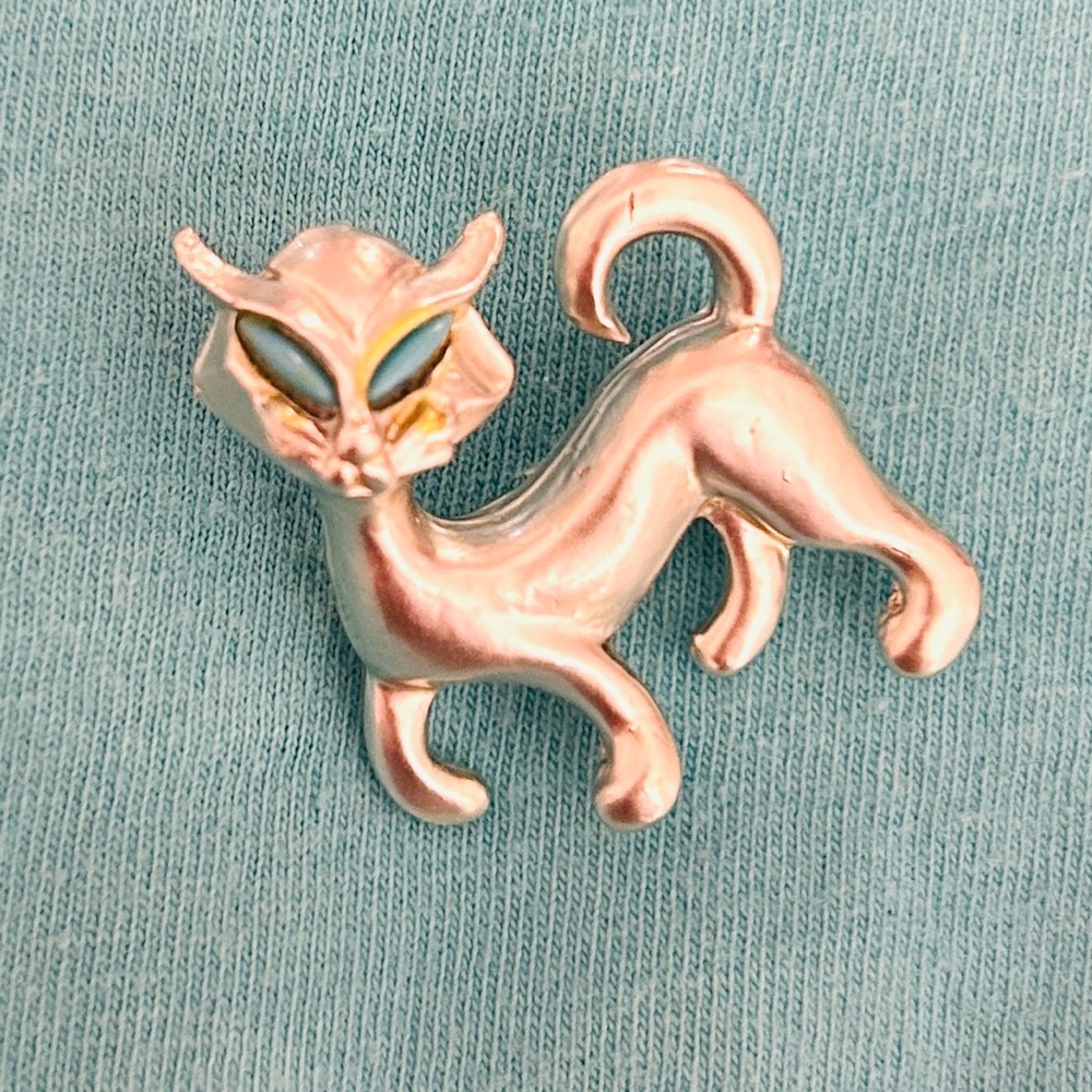 Vintage Turquoise Eye Silver Tone Cat Brooch Set - Picture 3 of 5